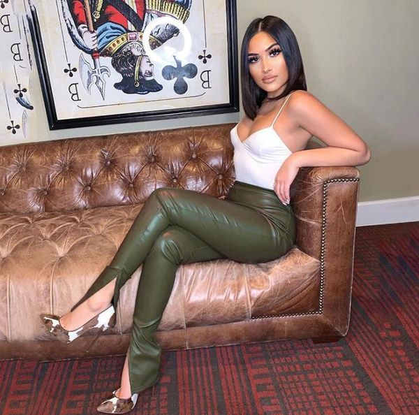 

women's leggings european and american 2021 spring high-waist imitation stitching leather pants fashion hip slim, Black