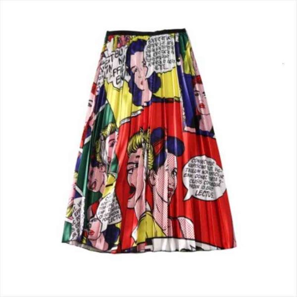 

high waist elastic pleated women skirt summer fashion cartoon print long midi female a line jupe y2k streetwear, Black