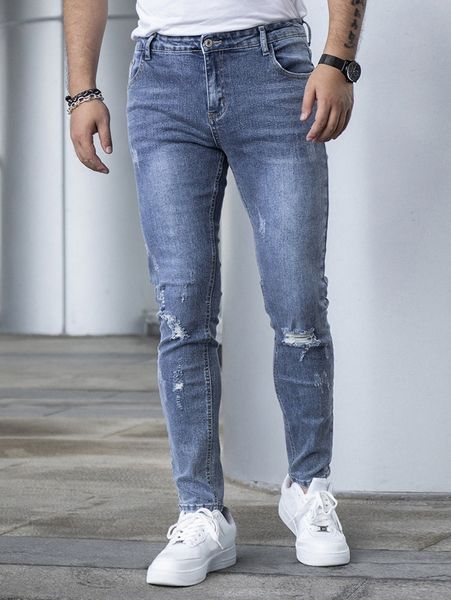 

men ripped frayed cat scratch skinny jeans j1oz#, Blue