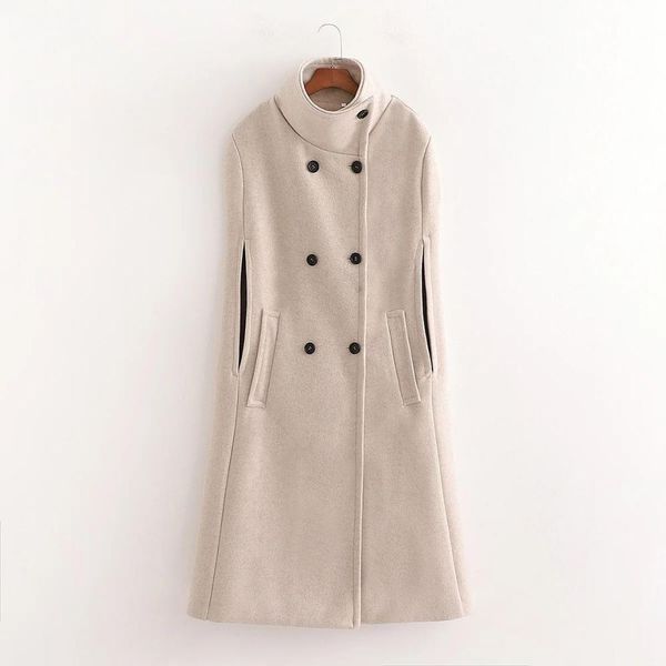

autumn winter women poncho high-neck double-breasted elegant cloak female warm sleeveless long cape coat 210420, Black
