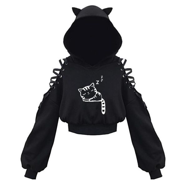 

women teen girls crop cute cat ear breathable trim sweatshirt long sleeve pullover hoodies loose moletom women's & sweatshirts, Black