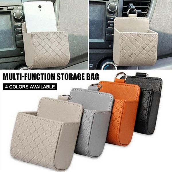 

storage bags car leather basket retro auto interior air vent bag cellphone holder pounch box with hook ksi999