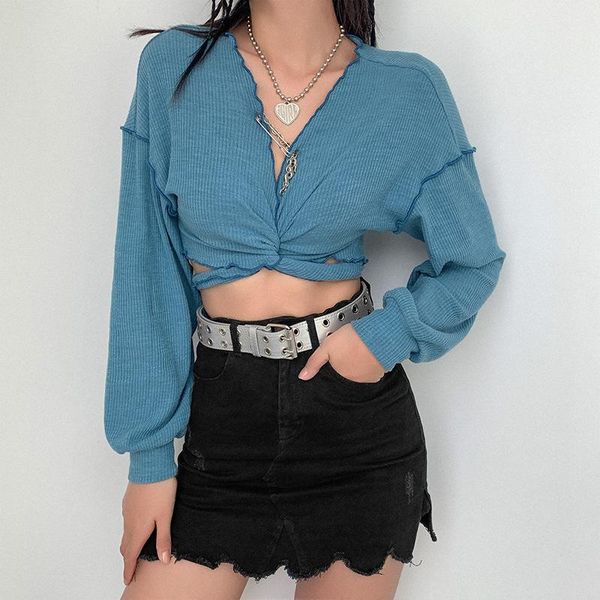 

women's t-shirt zoulv spring solid color long-sleeved v-neck cardigan with wooden ears crop all-match street mxe3, White