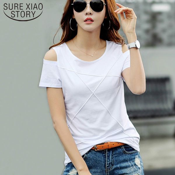 

hole blusas plus size fashion short sleeve women solid color shirt off shoulder clothing 3022 50 210417, White