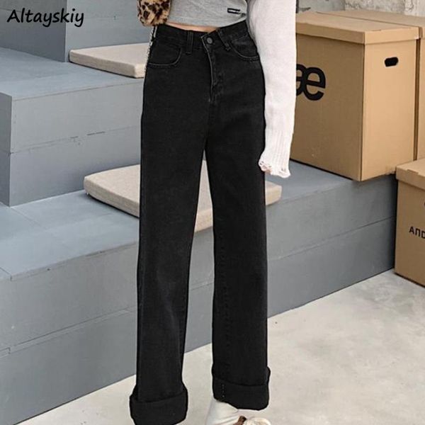 

women's jeans women solid black simple straight full-length soft leisure fashion high-waist students all-match pockets elegant lady, Blue