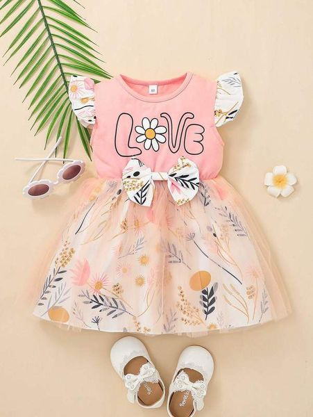 

toddler girls bow front mesh overlay floral dress she, Red;yellow