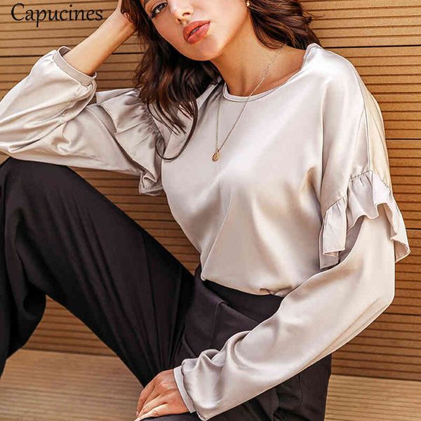 

women's & autumn long sleeves satin blouse women fashion ruffles trim imitation silk blouses and shirts vintage female o-neck, White
