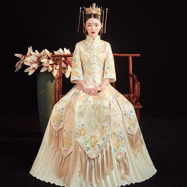 

ethnic clothing oversize 5xl traditional peacock embroidery bride groom wedding dress retro chinese refined stylish marry cheon, Red