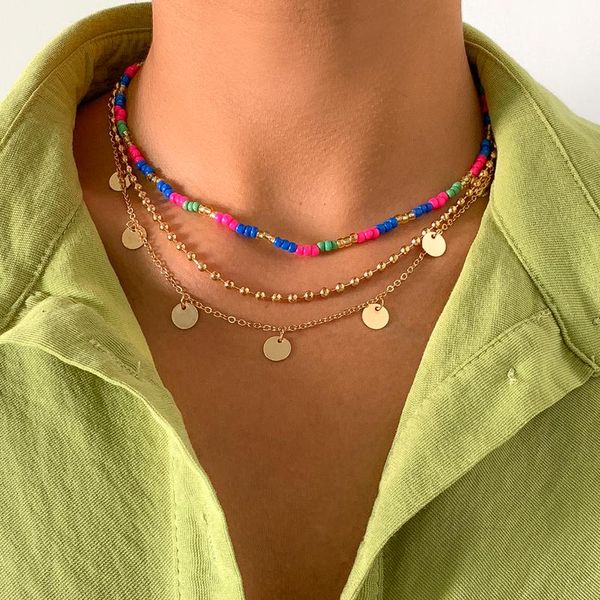 

pendant necklaces shixin bohemia layered thin chain choker necklace for women fashion beads sequins set 2021 trendy jewelry gifts, Silver