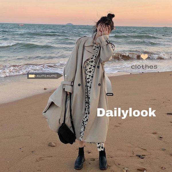 

women's wool & blends women turn-down collar button coat autumn winter long sleeve belt windbreaker elegant office lady loose coats, Black