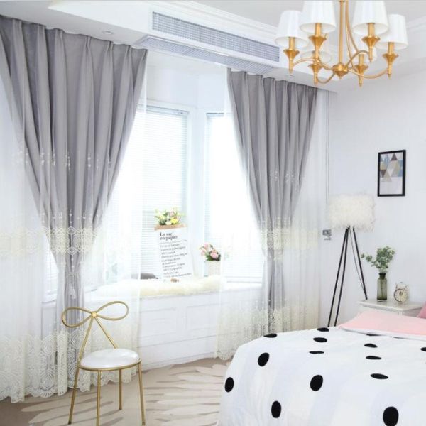 

curtain & drapes korean double-layer cloth gauze one princess style lace embroidery living room bedroom bay window french