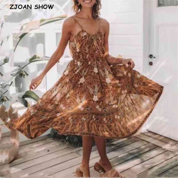 

bohemia khaki cockscomb floral print sling dress holiday woman loose spaghetti strap long summer dresses beach vestidos 210429, Black;gray