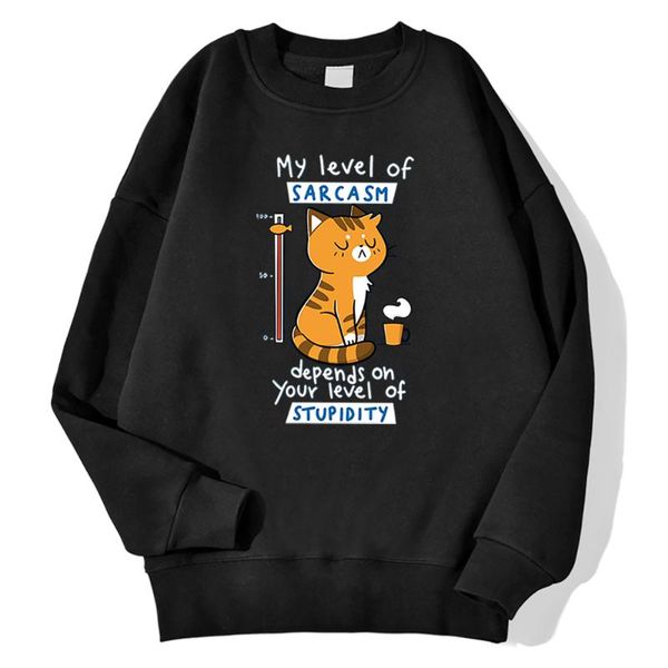 

women's hoodies & sweatshirts tsundere cat drinking tea print warm womens kpop aesthetic round neck hoodie for women fashion fleece hoo, Black