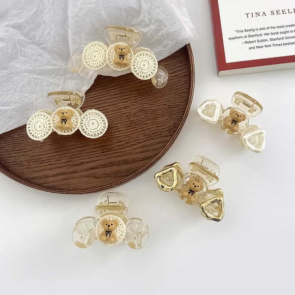 

korea cute little bear hairpin transparent color small grabbing clip back of the head plate hair shark elegant ornament, Slivery;white