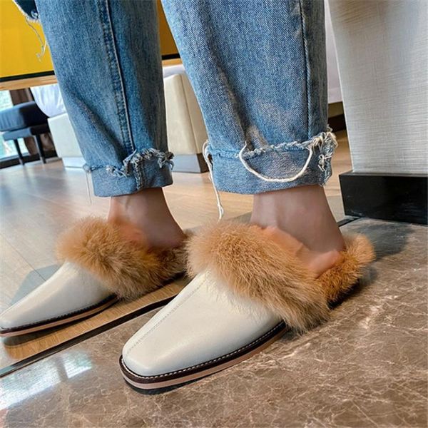 

brand fur real genuine leather mules women low heels spring autumn slippers lady slides outdoor date shoes 39, Black
