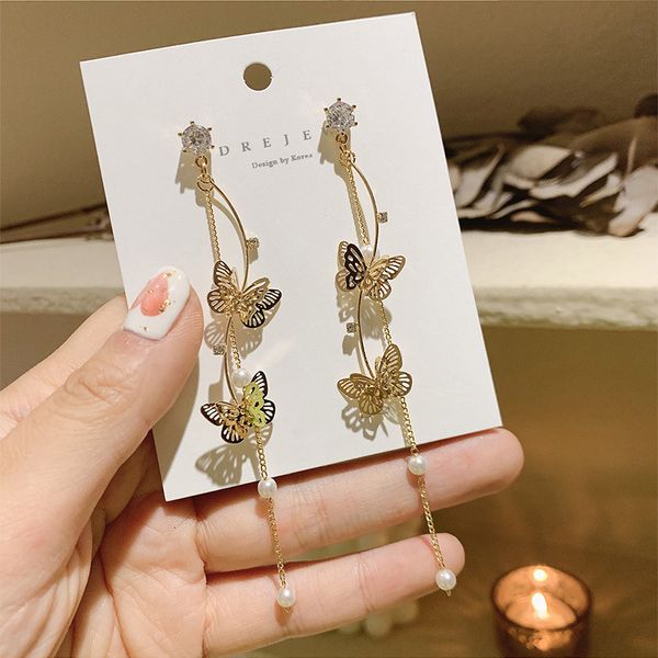 

genuine gold electroplating 925 silver needle diamond butterfly earrings fashion long tassel earrings mori personalized pearl earrings, Golden;silver