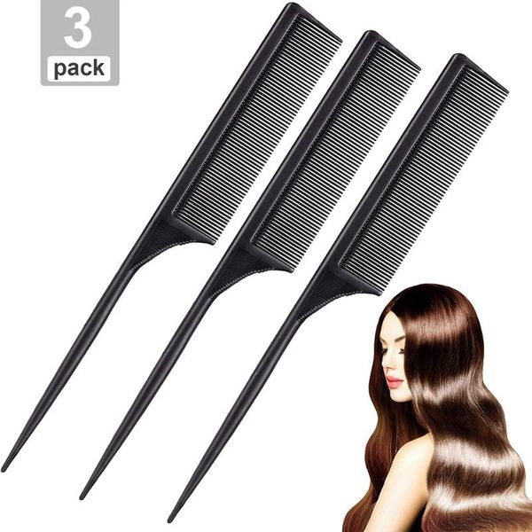

hair brushes 3 pack tail comb carbon fiber rat set heat resistant anti static styling back combing root teasing (black), Silver