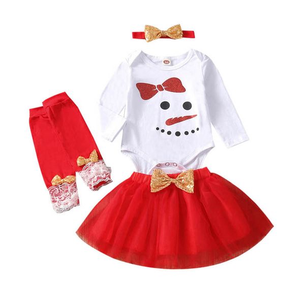 

christmas girls outfits kids clothing sets baby clothes children suit long-sleeved romper jumpsuit tutu skirt leg warmers headbands 4pcs b84, White