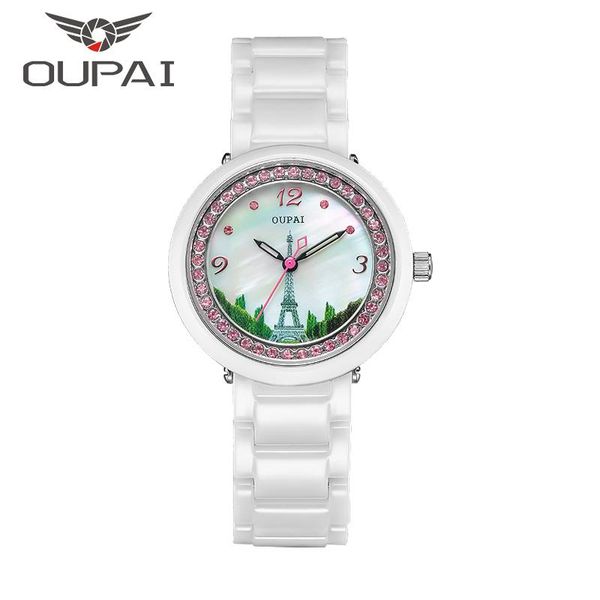 

wristwatches oupai ceramics woman watch eiffel tower shell face design fashion diamond lady watches quartz ceramic bracelet for women, Slivery;brown