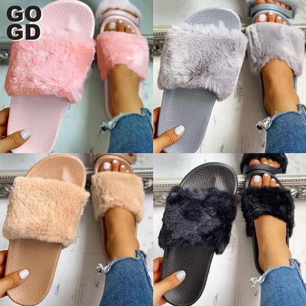 

[gogd]women fur slippers indoor shoes 2021 winter candy colorful soft brand back strap open toe plush warm, Black