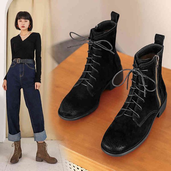 

boots genuine leather lace up to ankle boots for woman side shoes casual zipper square med heel short size 34-39 qt7i, Black