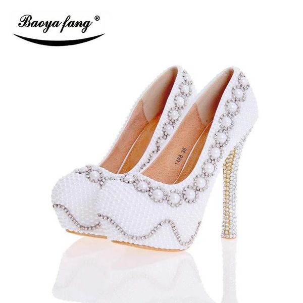 

white/beige pearl women wedding shoes bride high heels platform pigskin leather insole plus size female dress, Black