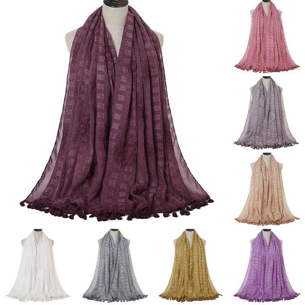

scarves 2021 embroidery scarf dirty dyeing small tassel shawl woman cotton lattice hijab solid color 1piece, Blue;gray