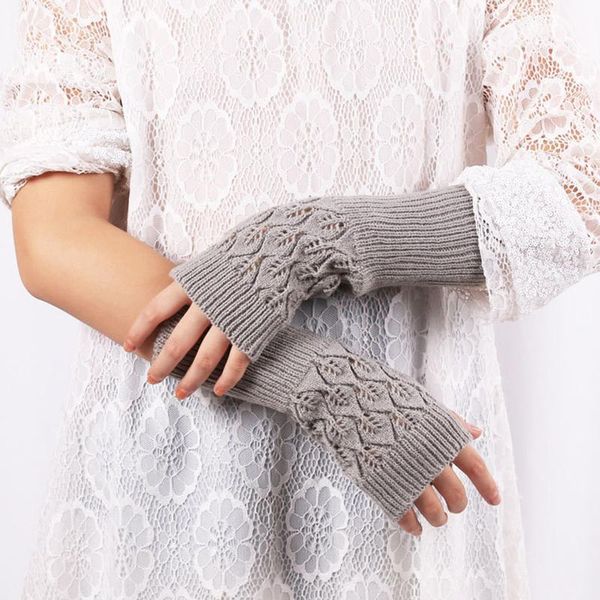 

five fingers gloves winter warm knitted women fingerless fashion hollow up half arm lady female elastic solid color mittens, Blue;gray
