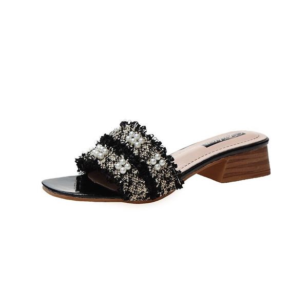 

slippers high-heeled women's summer fashion wild thick bottom belt pearl with sandals temperament female, Black