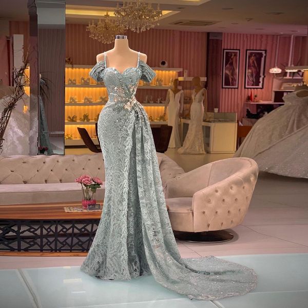 

sweetheart off shoulder mermaid evening pageant dresses 2022 silver lace beaded long train arabic dubai occasion prom gown, Black