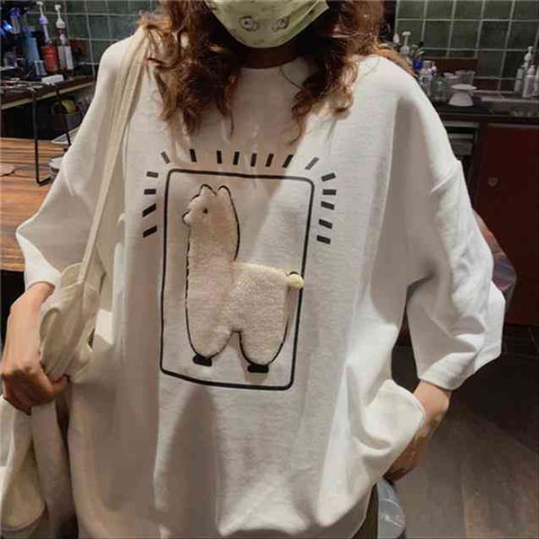 

cartoon alpaca animal printed women casual loose oversize korean style summer short sleeve female t shirts, White