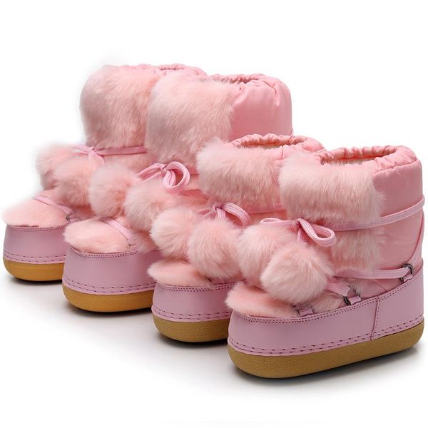 2021 Зимние зимние женские и детские ботинки с волосатым толстым мехом на шнуровке Нескользящие непромокаемые черные розовые лыжные ботинки