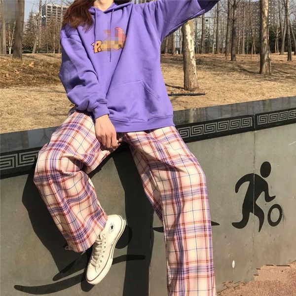 

1 spring and summer thin sportswear pink plaid pants women's loose legged casual drawstring straight, Black;white