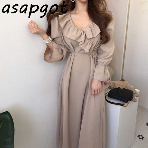 

gentle vintage korean chic waistbanded lace up solid v-neck slim high waist ruffles dress v neck flare long sleeve femme robe 210610, Black;gray