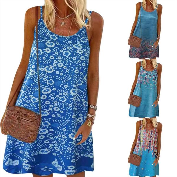 

casual printed sleeveless camisole womens dresses mini split summer backless spaghetti strap short, Black;gray