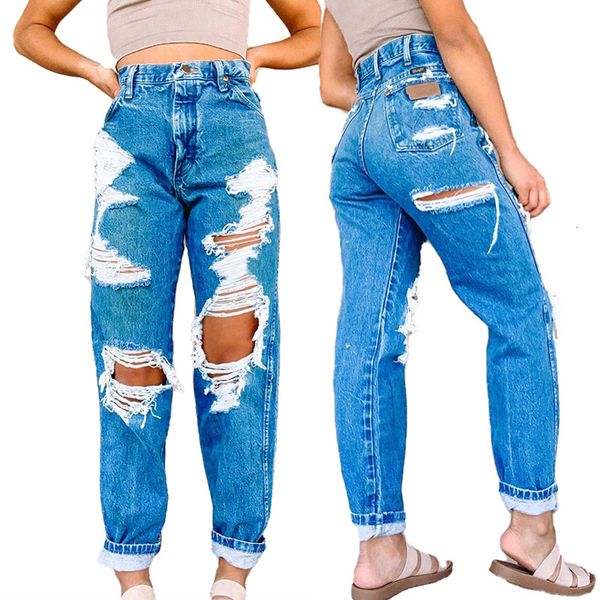 

jeans hole women 2021 summer fashion waist loose women's high trousers, Blue
