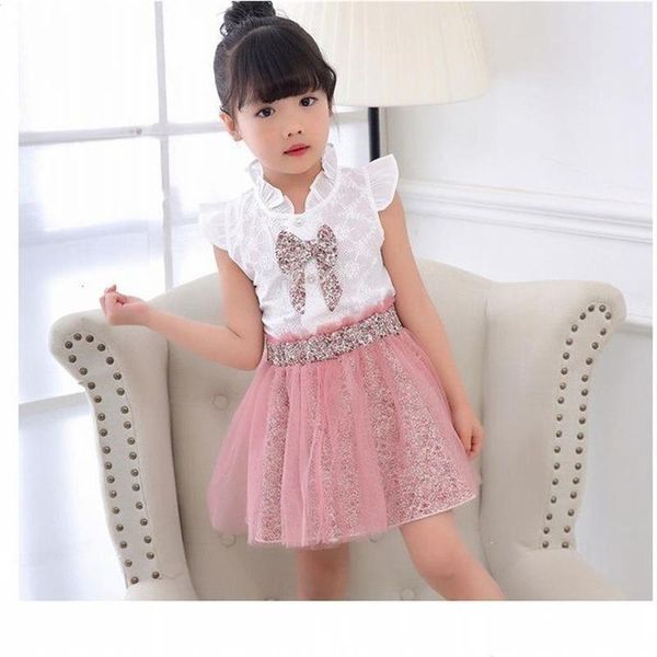 

clothing sets girls clothes summer sleeveless t-shirt+print bow skirt 2pcs for kids baby outfits, White
