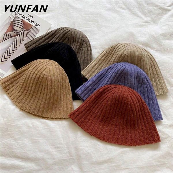 

japanese niche knitting bucket hat female solid color casual wild fisherman korean version of the tide autumn woolen wide brim hats, Blue;gray