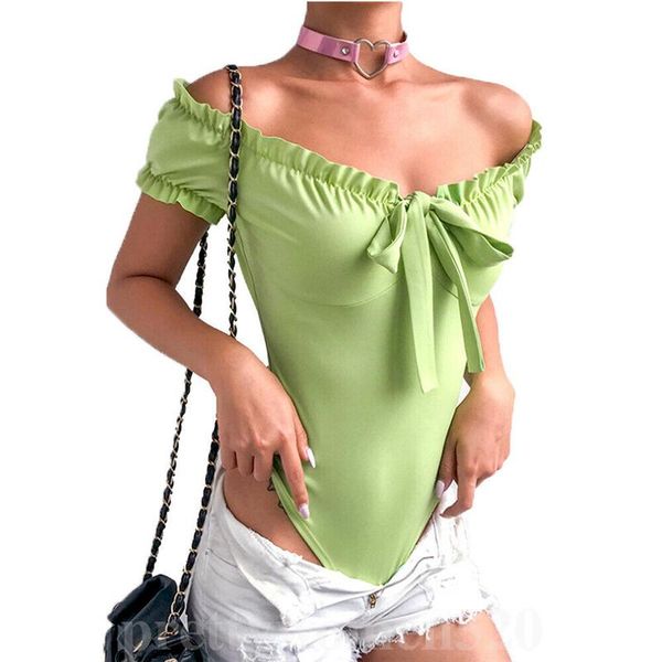 

women's jumpsuits & rompers women summer solid bodysuit bodycon ruffle cold shoulder short sleeve bandage bodysuits slim leotard lady c, Black;white