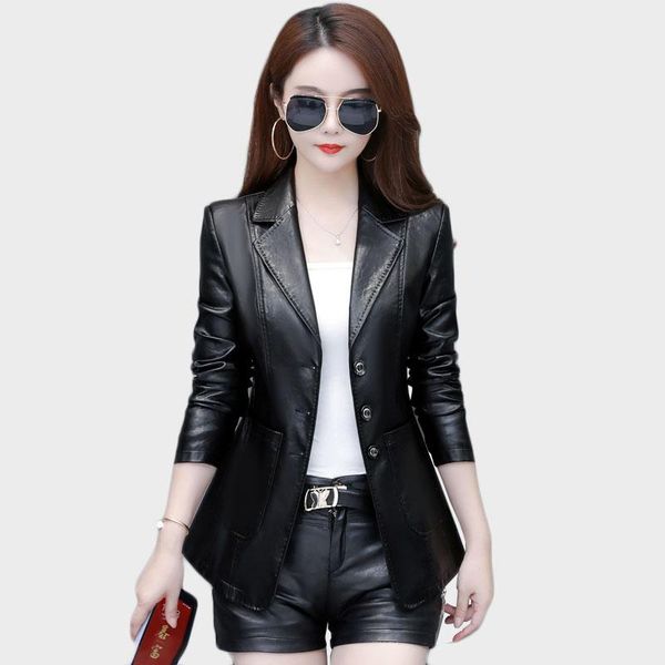 

women's leather & faux trending products 2021 women jacketh elegant blazer short coat autumn sheepskin coats long sleeve outerwear 123, Black