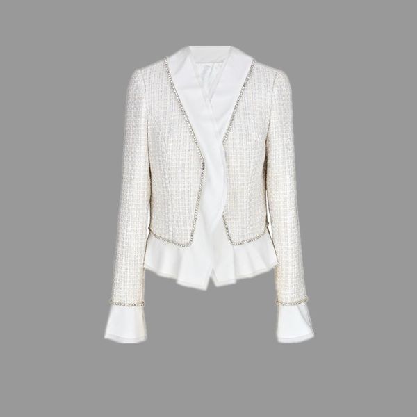 

women's jackets brand fashion women high luxury spring autumn vintage elegant slim diamond chiffon stitching tweed short jacket coat, Black;brown