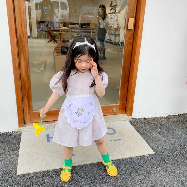 

korean style summer baby girls plaid loose short sleeve dresse cotton patchwork bib princess dresses 210615, Red;yellow