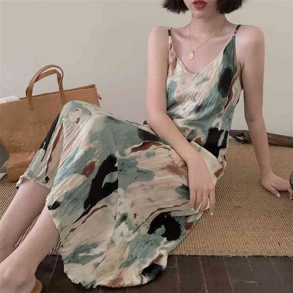 

casual dresses tie dye long slip maxi for women chiffon spaghetti strap summer ruched dress korean designer clothes cdj1, Black;gray