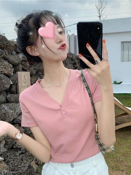 

women's t-shirt woman tshirts summer style v-neck slim short-sleeved design niche thin chic french shirt women, White