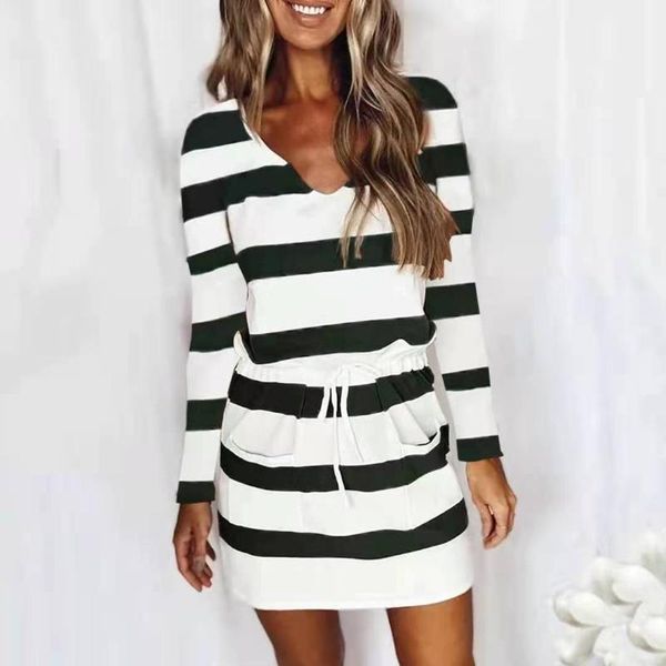 

casual dresses women dress stripe v-neck long sleeves drawstring waist skirt with pockets for summer autumn ladies 6 colors, Black;gray