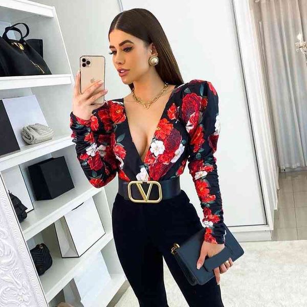 

spring elegant boho print bodysuits rompers women jumpsuits puff sleeve skinny v-neck bodies ladies casual overalls 210401, Black;white