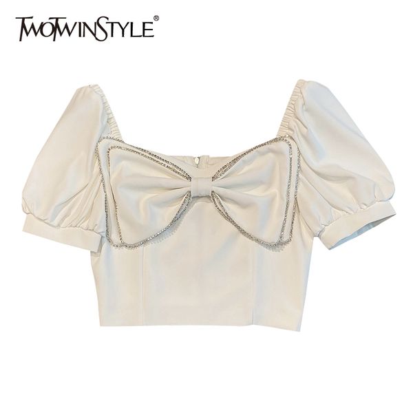 

bowknot shirt for women square collar puff short sleeve diamonds slim temperament shirts female summer fashion 210524, White