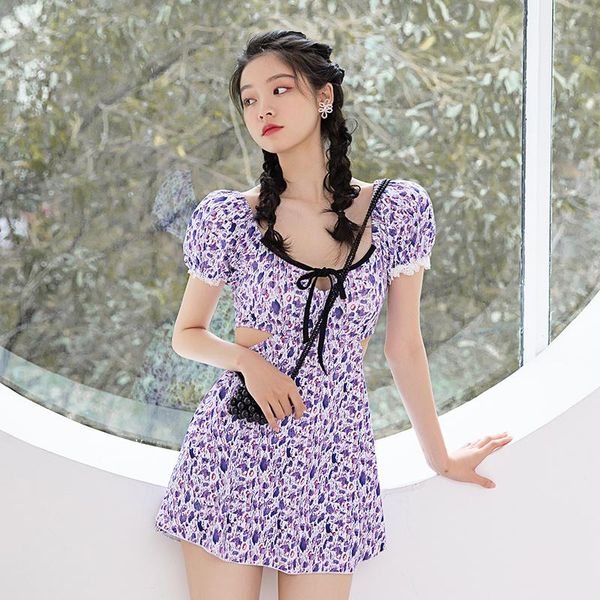 

one-piece suits floral print swimdress short sleeve one piece swimwear hollow out bathsuit cut bathers beachwear push up