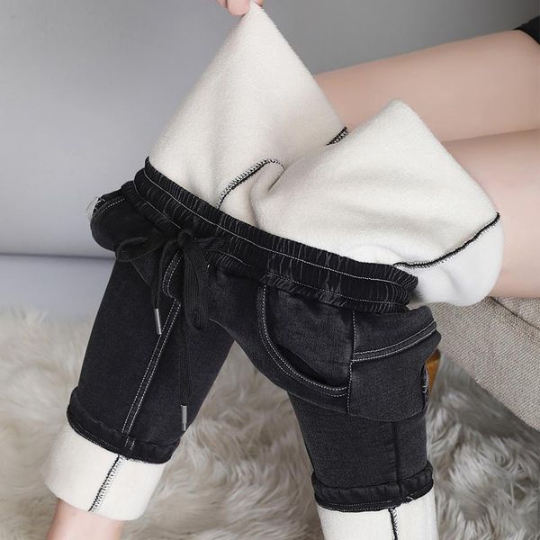 

women's jeans plus size winter thick snow women 2021 velvet drawstring high waist denim pencil pants autumn stretch trousers jean p215, Blue