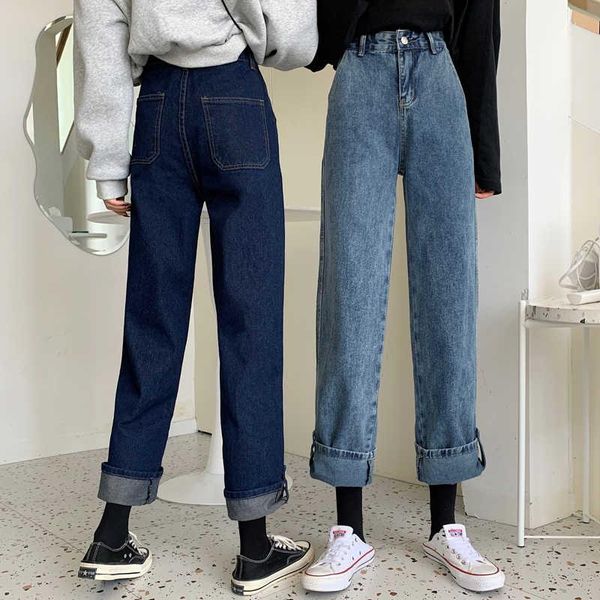 

women's jeans for women, korean style chic slimming retro high waist straight pants fashionable trousers, adjustable length, Blue